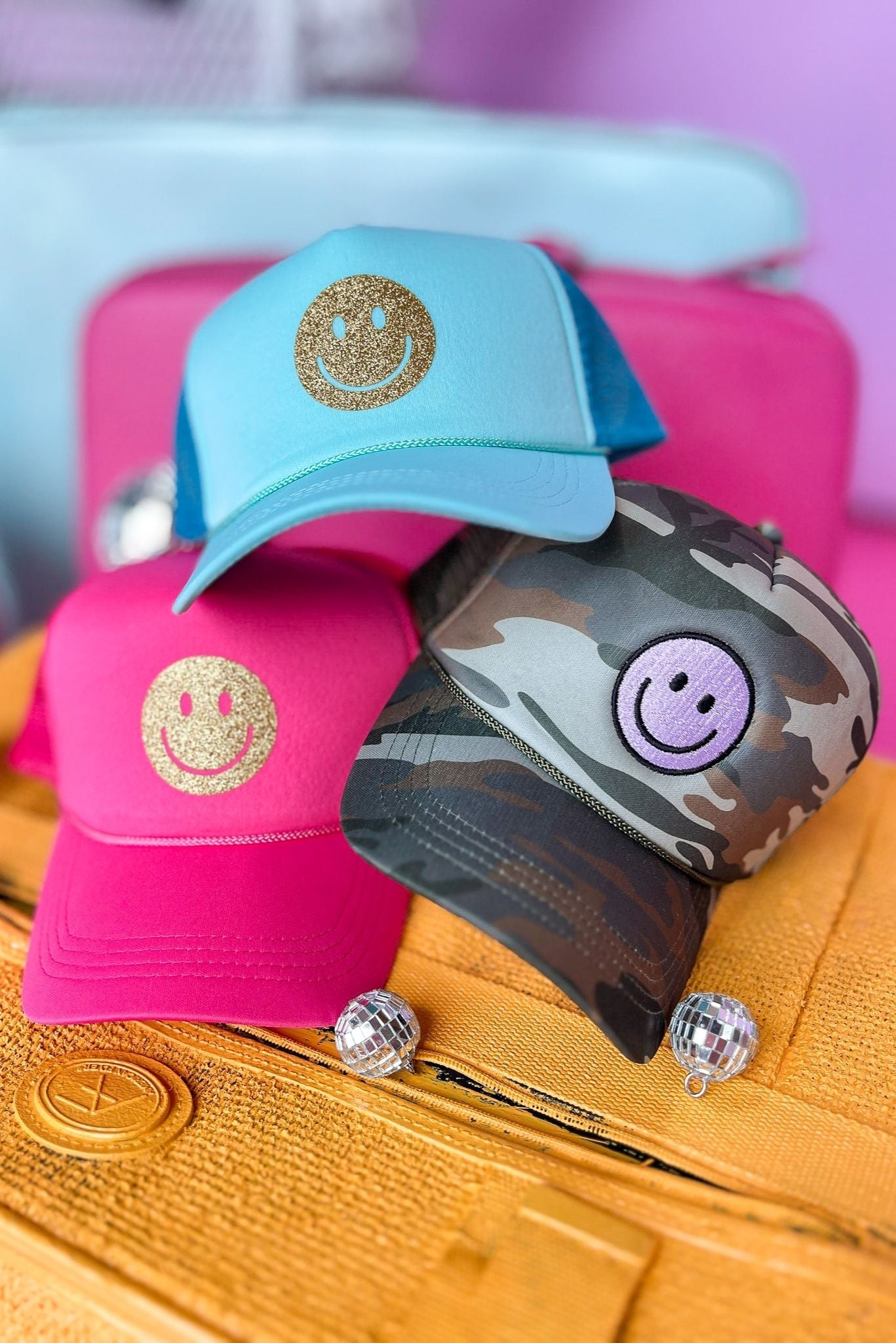 Fuchsia Glitter Smiley Trucker Hat, Trucker Hat, Accessory, Shop Style Your Senses by Mallory Fitzsimmons