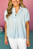 Light Blue Poplin Collared Short Sleeve Elastic Band Top, poplin top, must have top, basic top, elevated basics, must have basic, elevated top, mom style, warm fashion, shop style your senses by mallory fitzsimmons, ssys by Mallory Fitzsimmons  Edit alt text