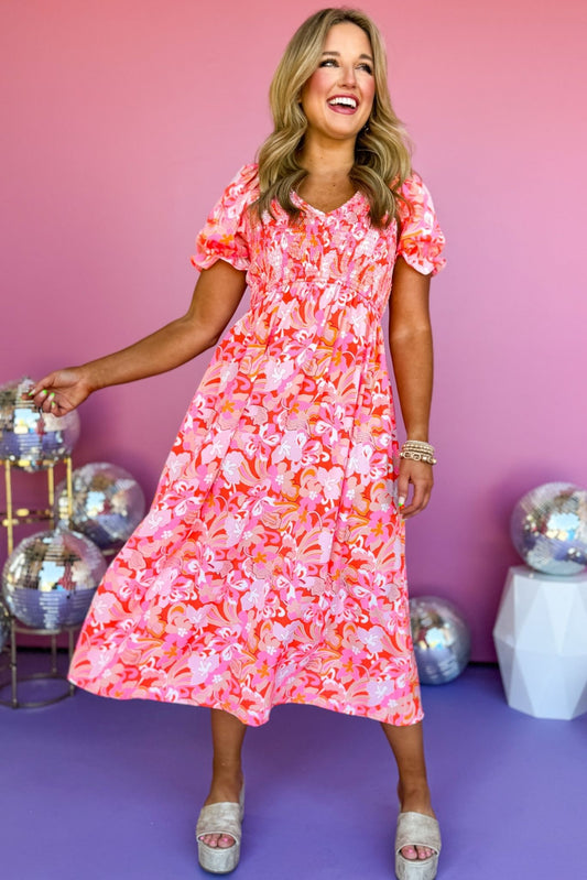 Hot Pink Mix Deep V Neck Puff Sleeve Midi Dress, must have dress, must have style, summer style, spring fashion, elevated style, elevated dress, mom style, shop style your senses by mallory fitzsimmons, ssys by mallory fitzsimmons