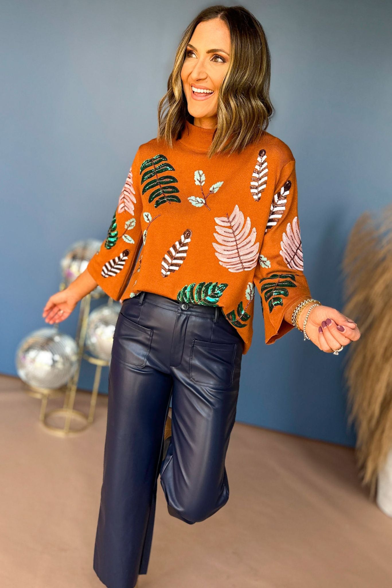 Tan Leaf Printed Embellished Mock Neck Sweater, elevated top, must have top, must have style, must have print, elevated style, mom style, fall sweater, fall style, must have fall, sequin detial, shop style your senses by mallory fitzsimmons