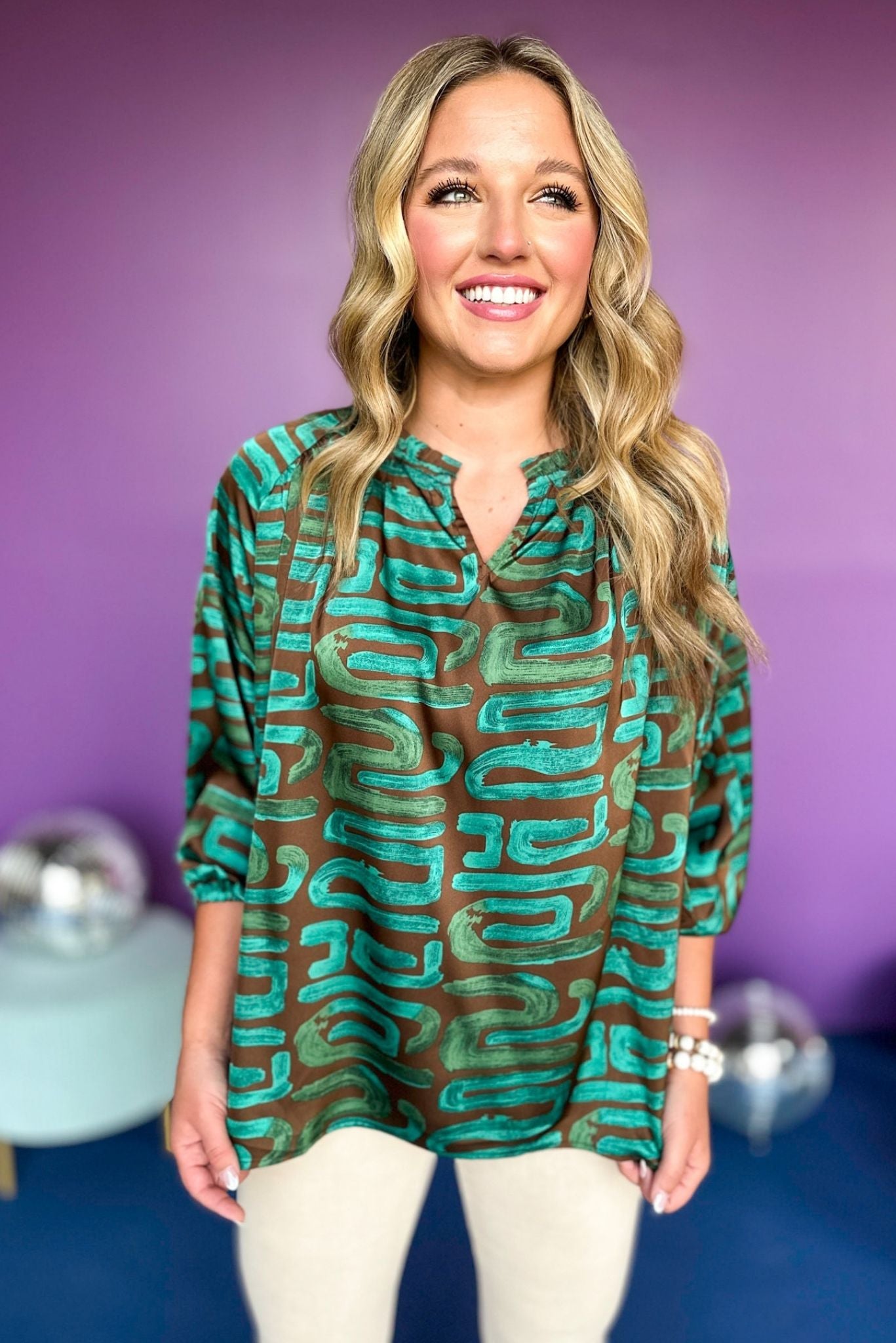 Green Abstract Printed Split Neck Top, must have top, must have style, must have fall, fall collection, fall fashion, elevated style, elevated top, mom style, fall style, shop style your senses by mallory fitzsimmons