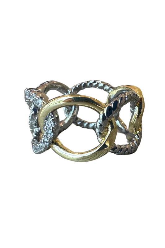 Silver Two Tone Stone Paved Intertwined Circle Ring