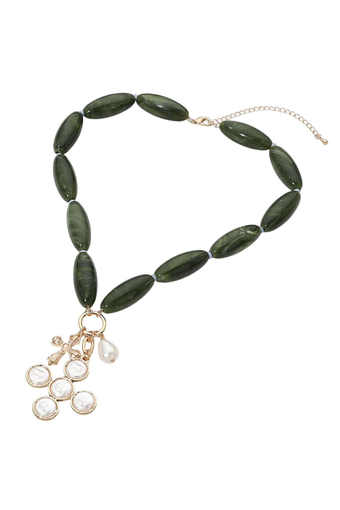 Green Oval Beaded Necklace With Pearl Cross Charm Pendant