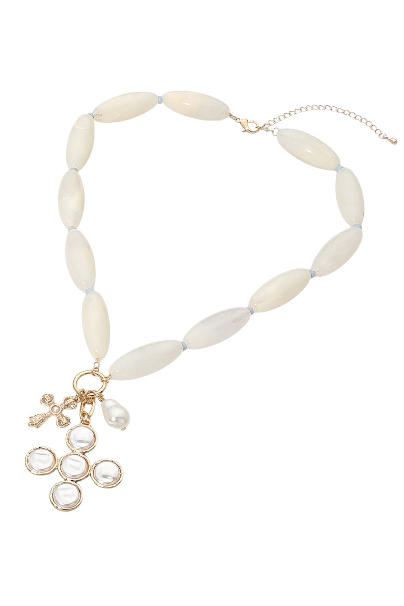 Ivory Oval Beaded Necklace With Pearl Cross Charm Pendant