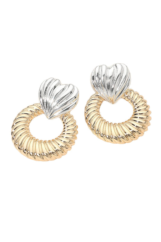 Gold and Silver Twisted Two Tone Heart Accent Ring Drop Earrings