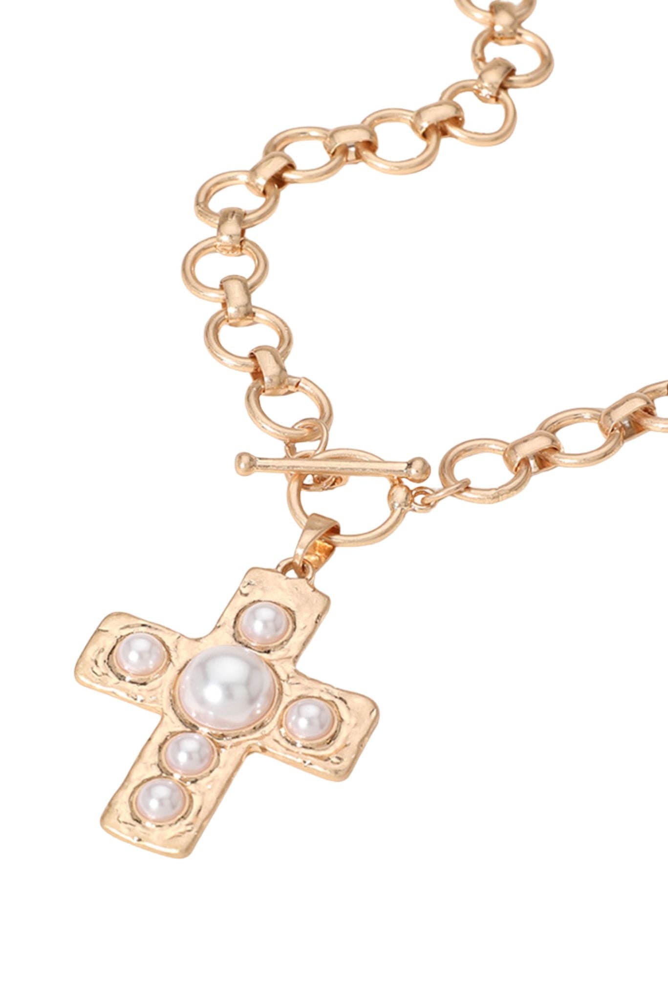 Gold and Pearl Cross Pendant Chunky Chain Necklace
