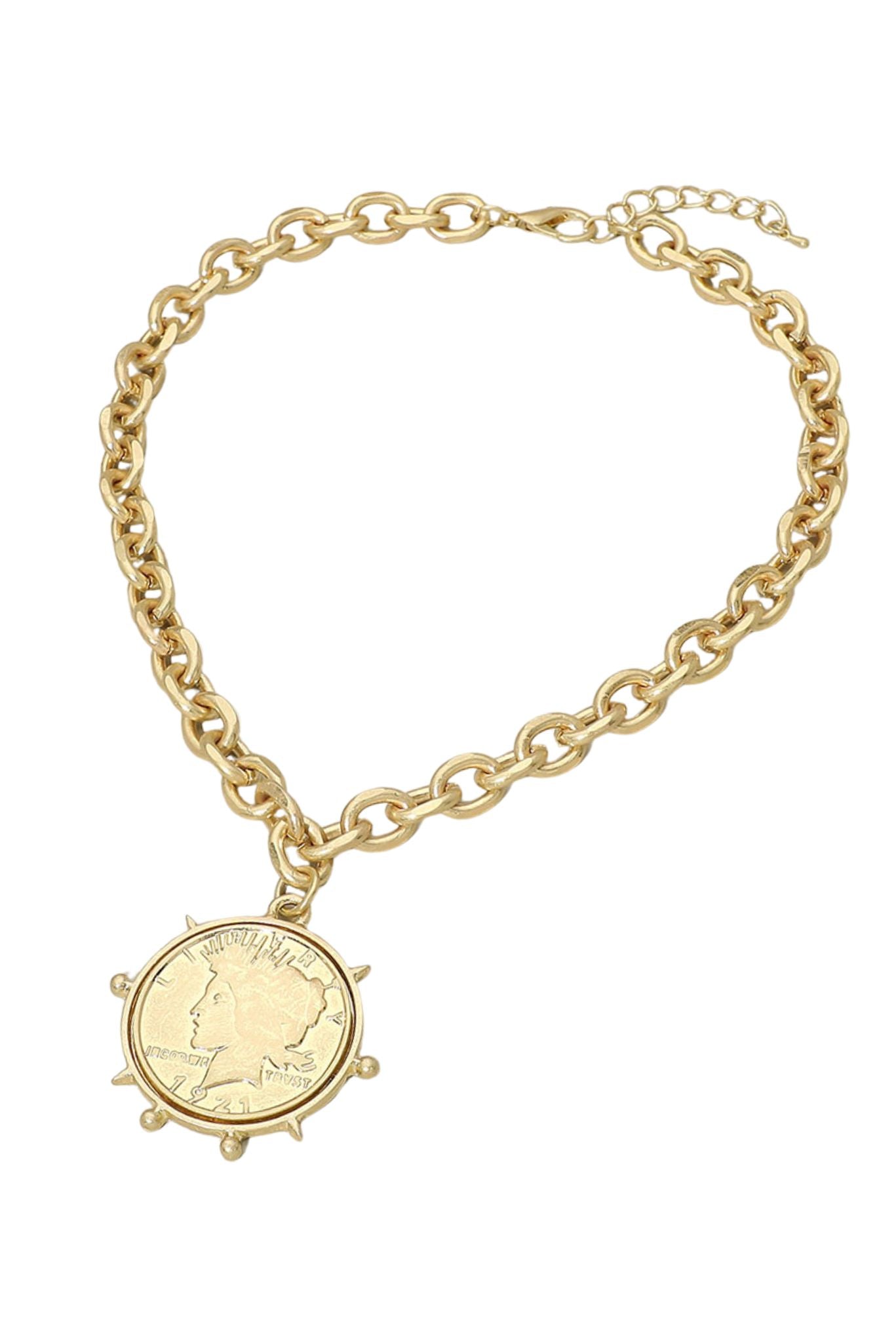 Gold Coin Pendant Chunky Chain Statement Necklace