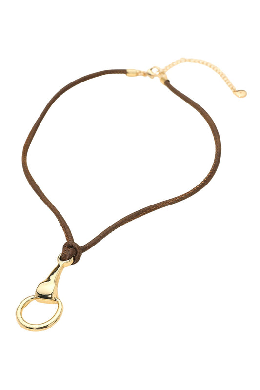Brown and Gold Horsebit Pendant Cord Necklace