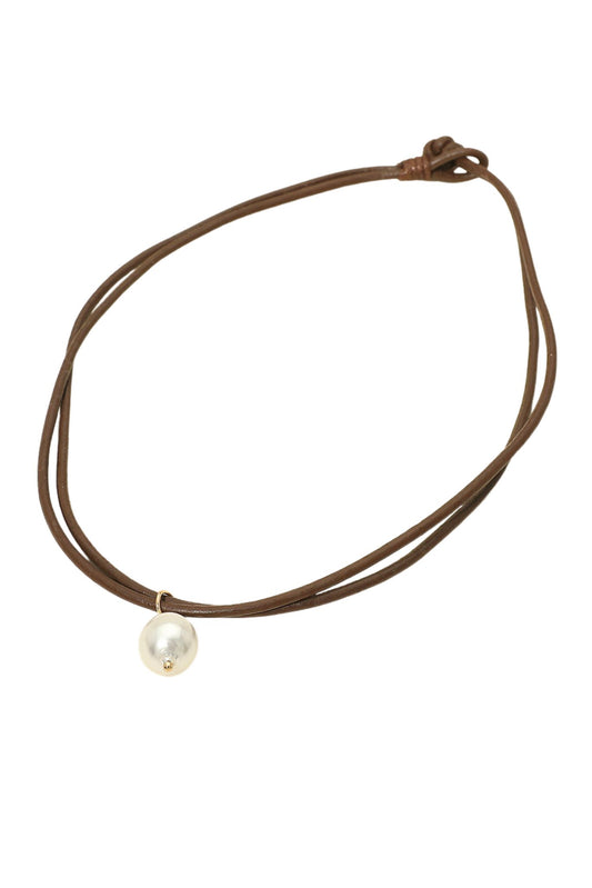 Brown Cord and Pearl Charm Accent Adjustable Necklace