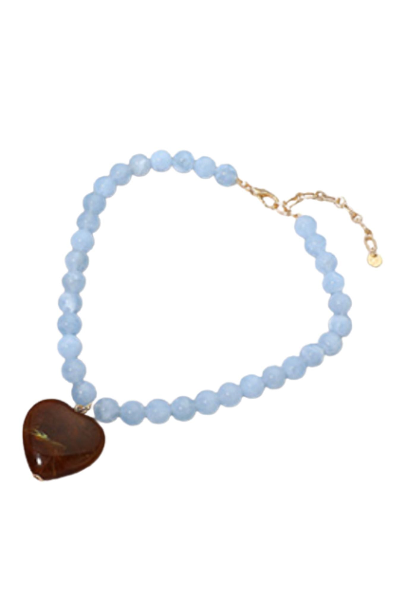 Brown Marbled Heart Charm Beaded Necklace