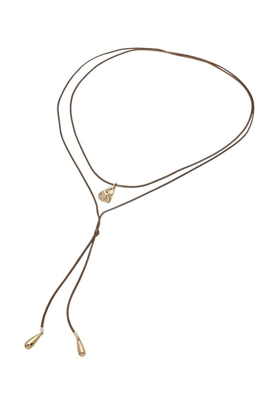 Brown and Gold Metal Pendant Layered Cord Adjustable Bolo Necklace