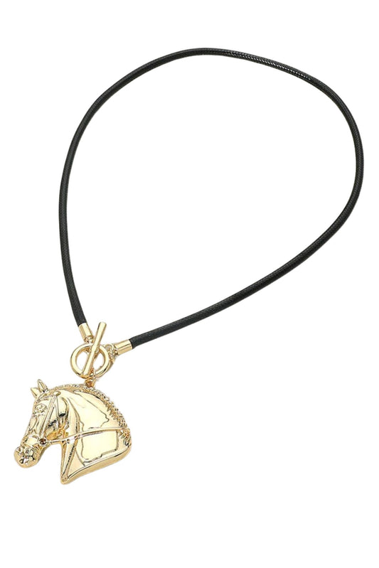 Gold and Black Western Horse Head Pendant Cord Necklace