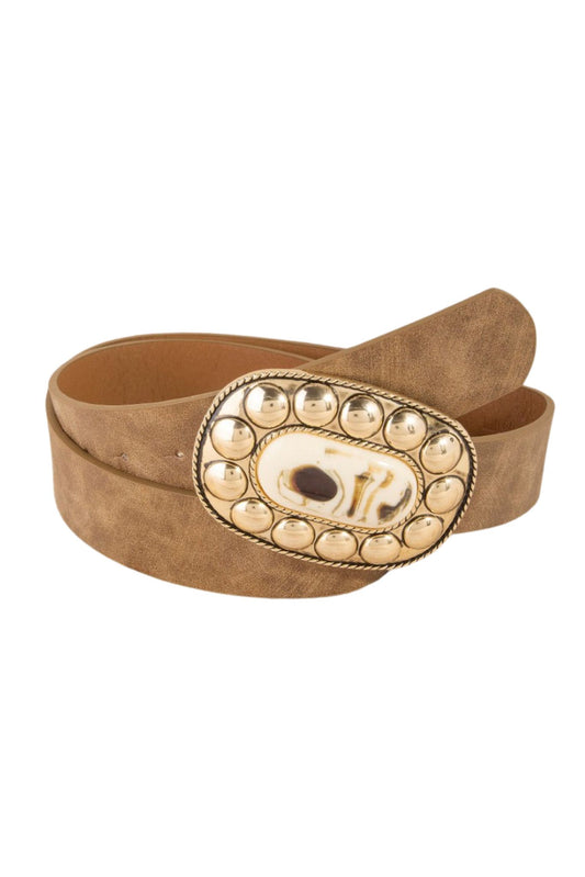Tan Oval Shaped Metal Buckle Belt