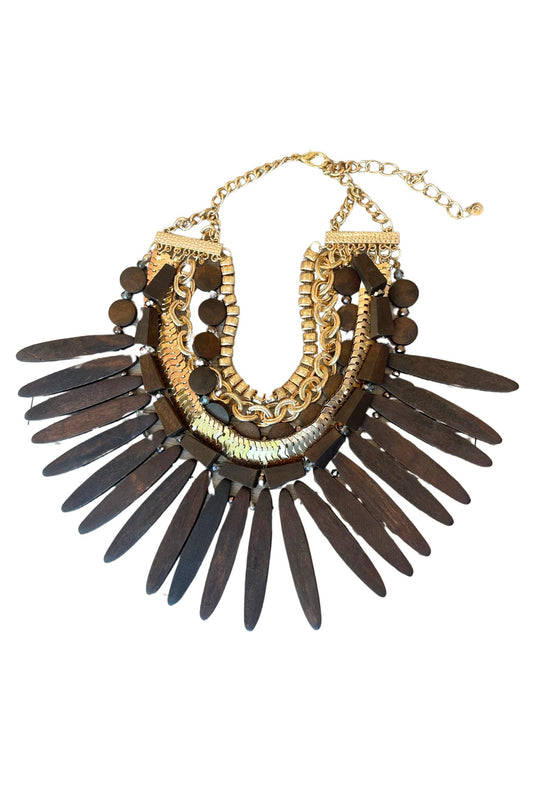 Brown Wooden Spike Accent Metal Chain Layered Bib Necklace