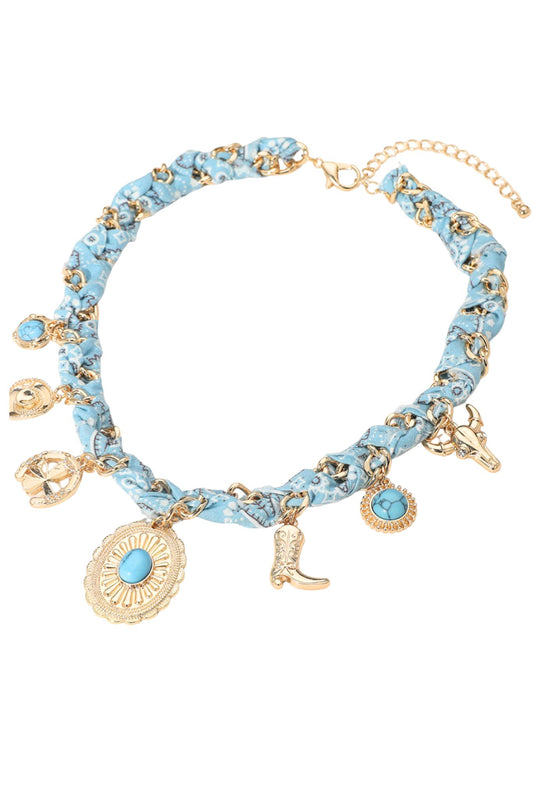 Sky Blue Fabric Braided Charm Necklace