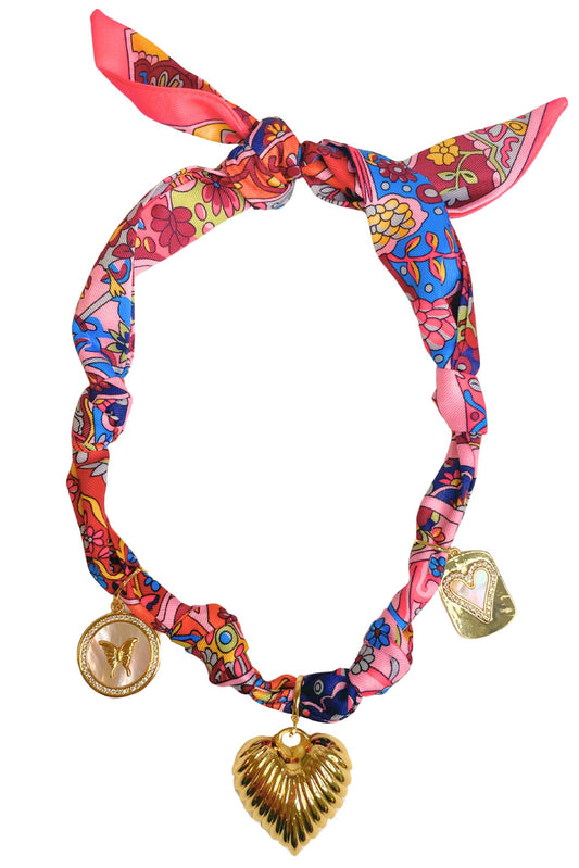 Maroon Multi Heart Charm Scarf Necklace