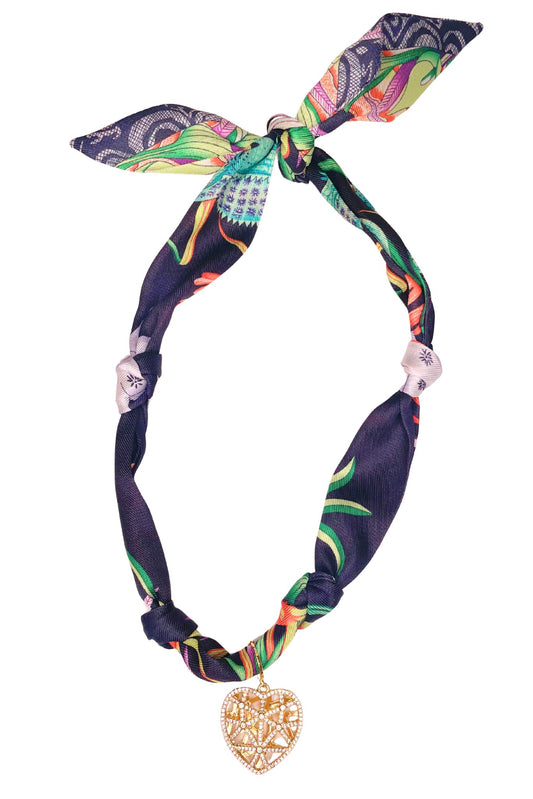Black Multi Print Heart Charm Scarf Necklace
