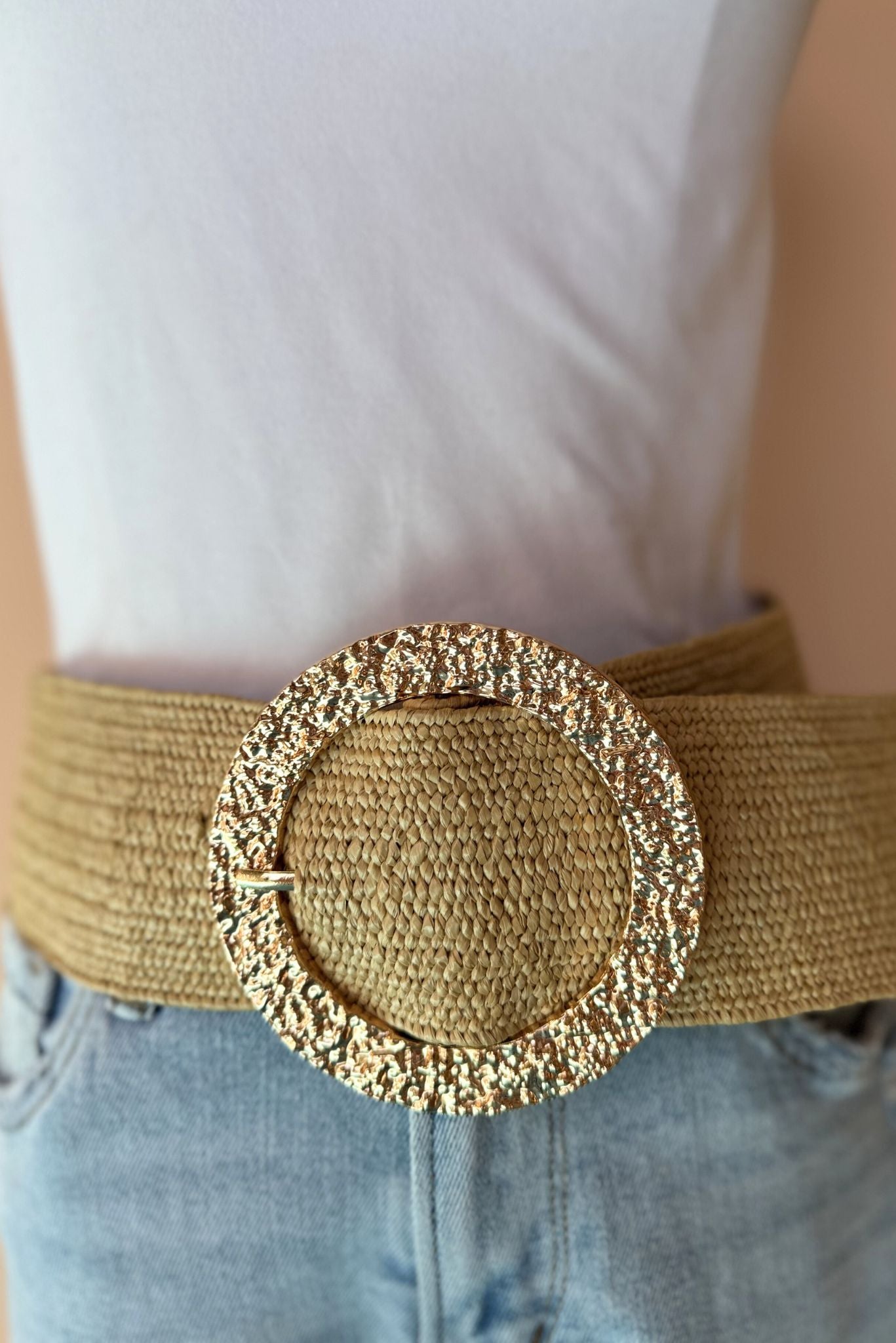 Gold Metallic Round Buckle Elastic Belt