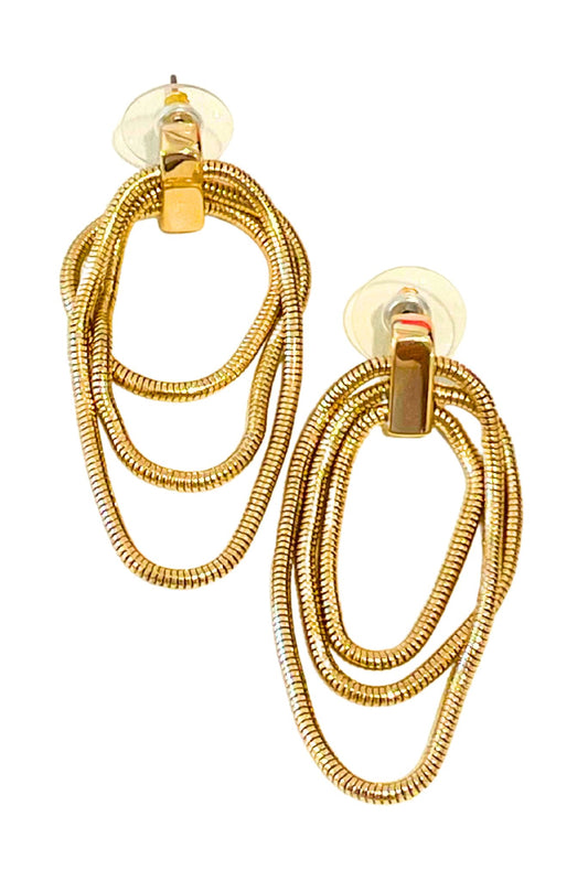 Gold Triple Layer Curb Chain Open Oval Dangle Earrings