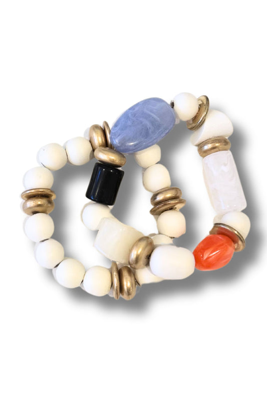 Ivory Marbled Bead Pointed Wood Ball Stretch Bracelets