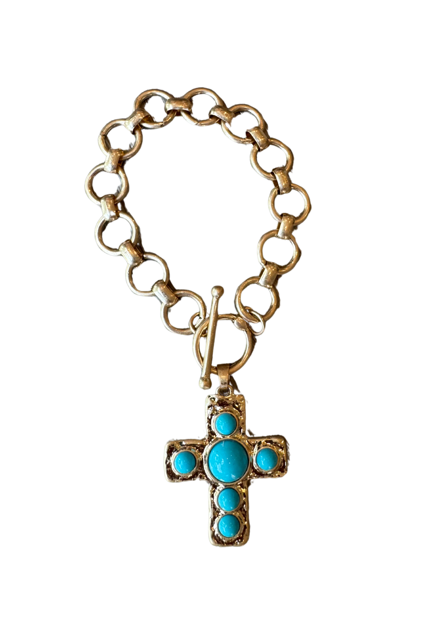 Turquoise Stone Cross Charm Toggle Bracelet