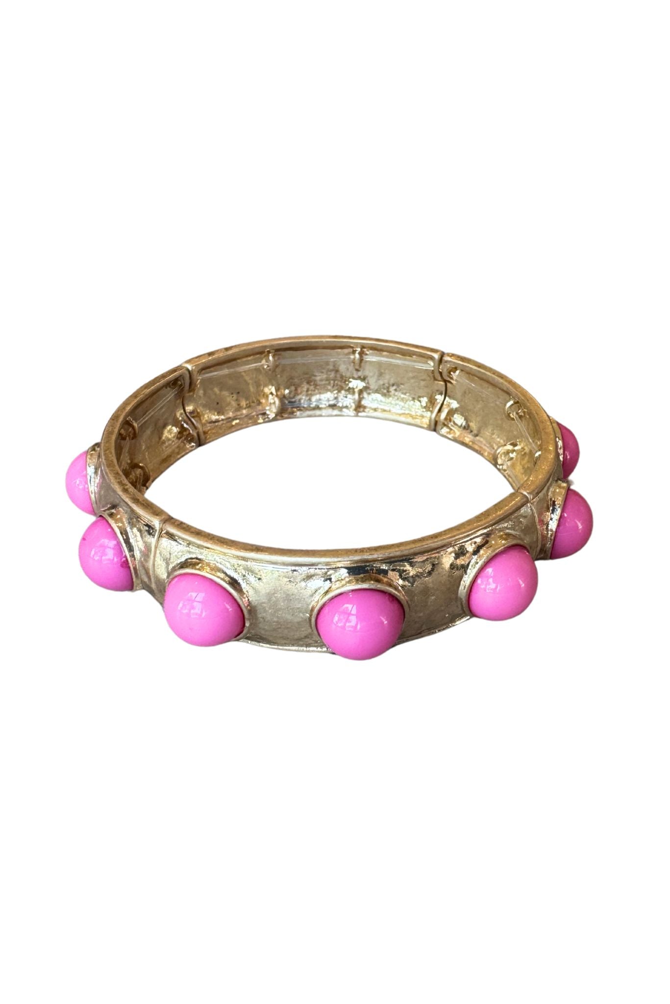 Pink Bead Embellished Hammered Metal Stretch Bracelet