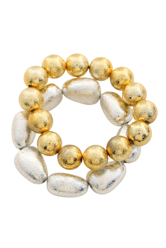 Gold Two Toned Textured Beaded Bracelet Set