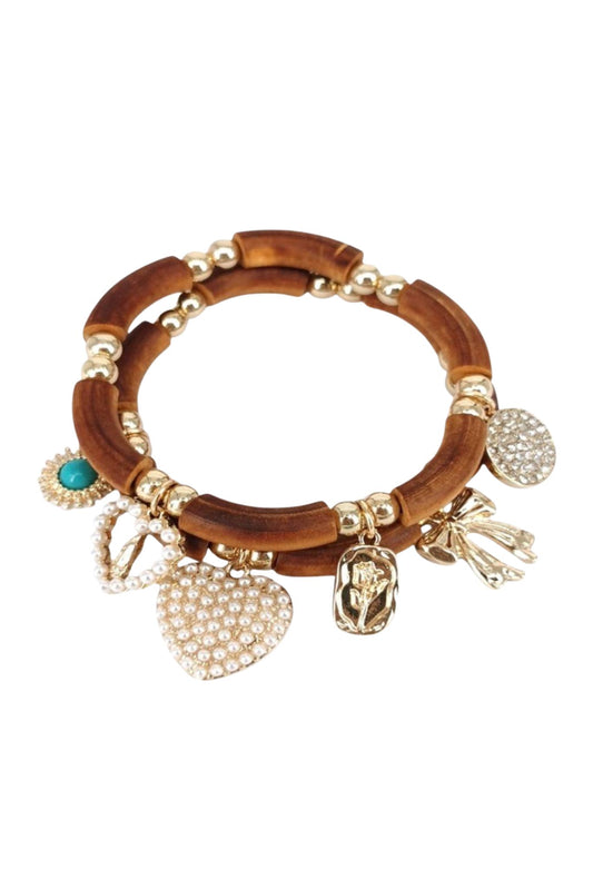 Brown Heart Rose Charm Bracelet Set