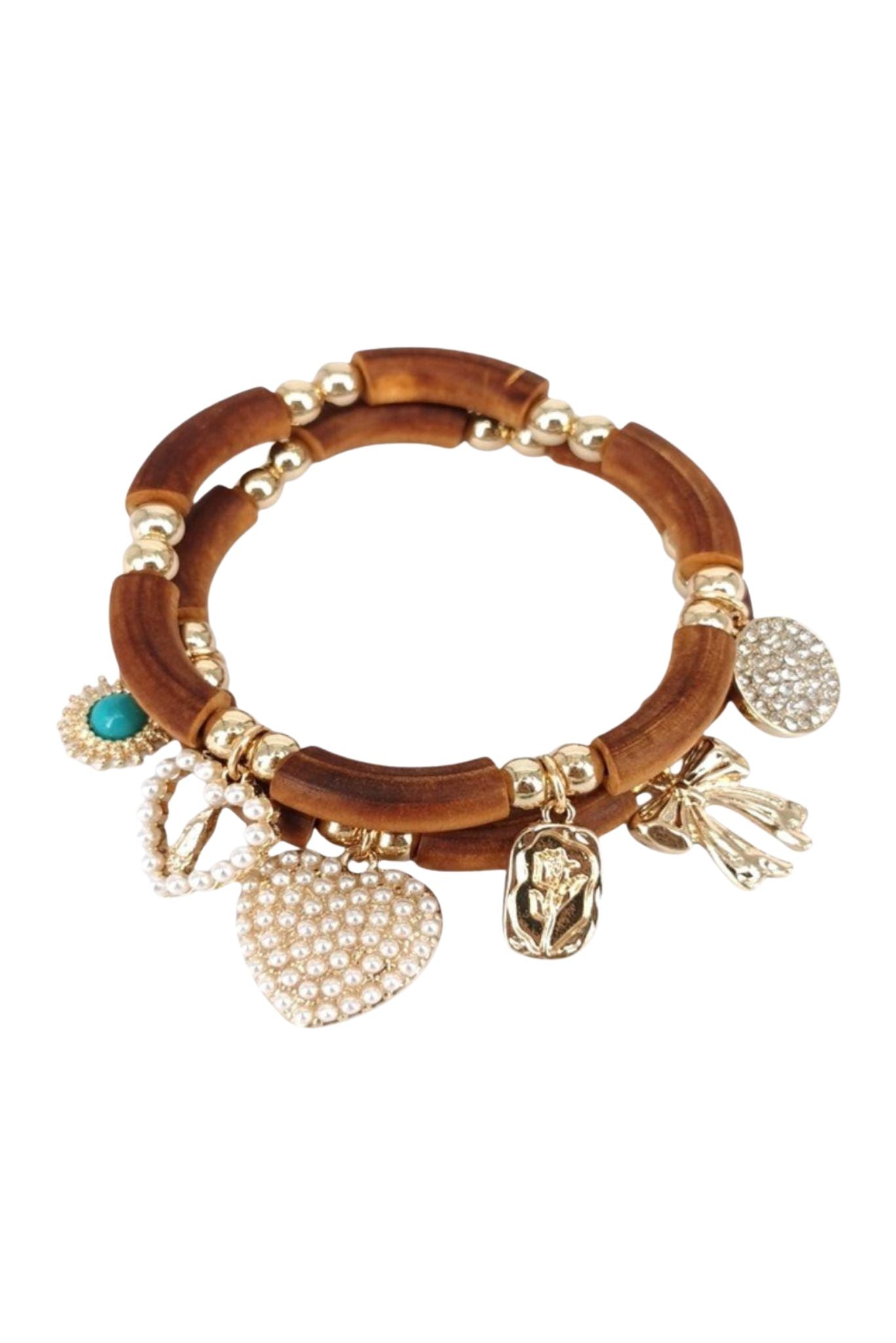 Brown Heart Rose Charm Bracelet Set