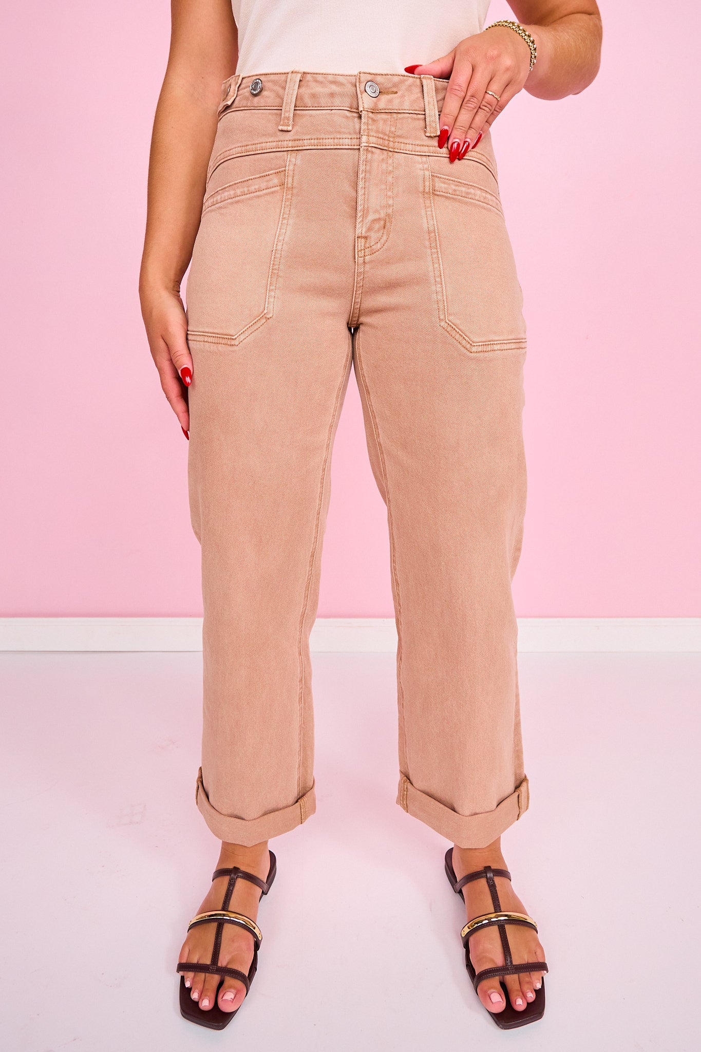 Vervet Warm Taupe High Rise Tab Waistband Cuffed Slim Wide Leg Jeans