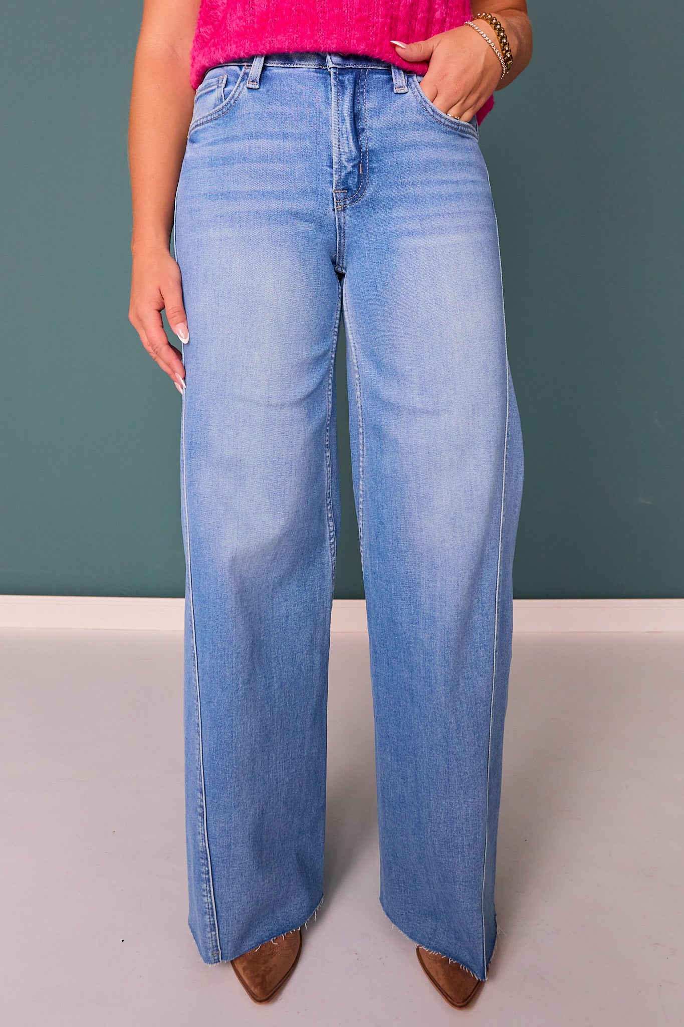 Lovervet High Rise Medium Wash Twisted Seam Wide Leg Jeans