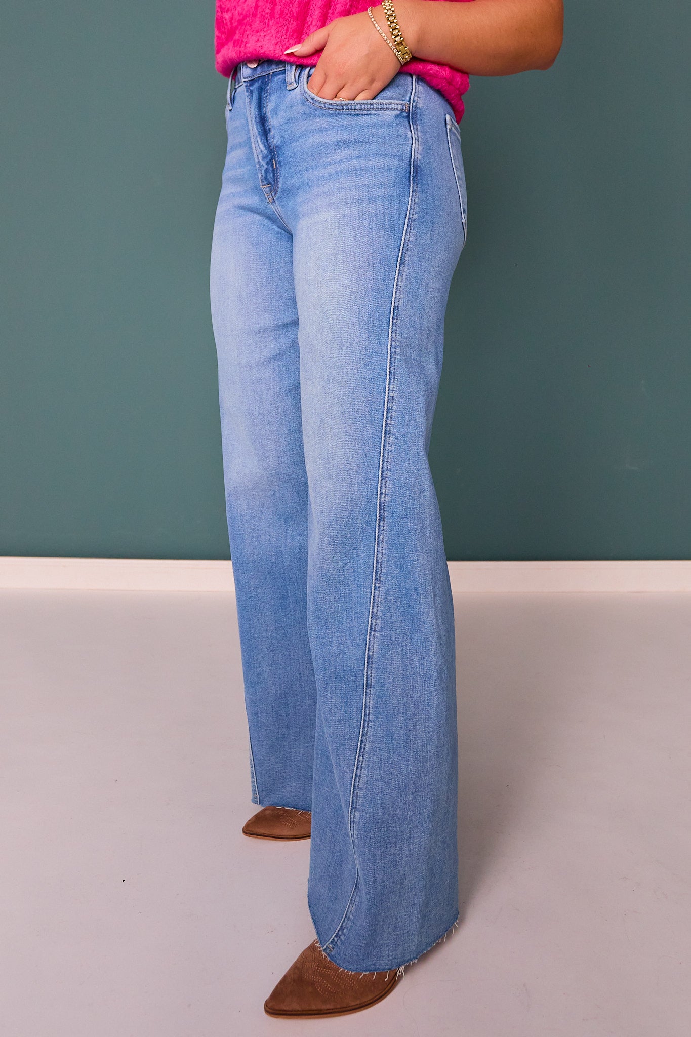 Lovervet High Rise Medium Wash Twisted Seam Wide Leg Jeans