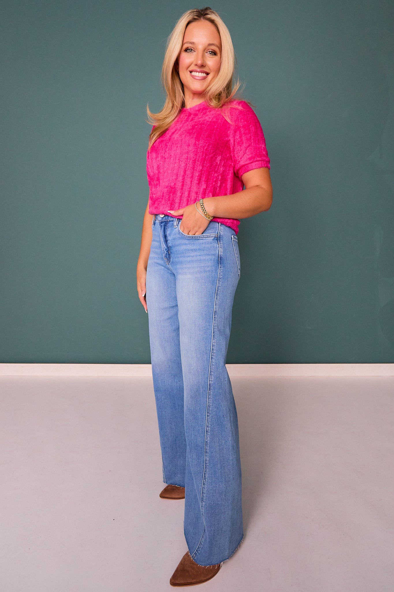Lovervet High Rise Medium Wash Twisted Seam Wide Leg Jeans