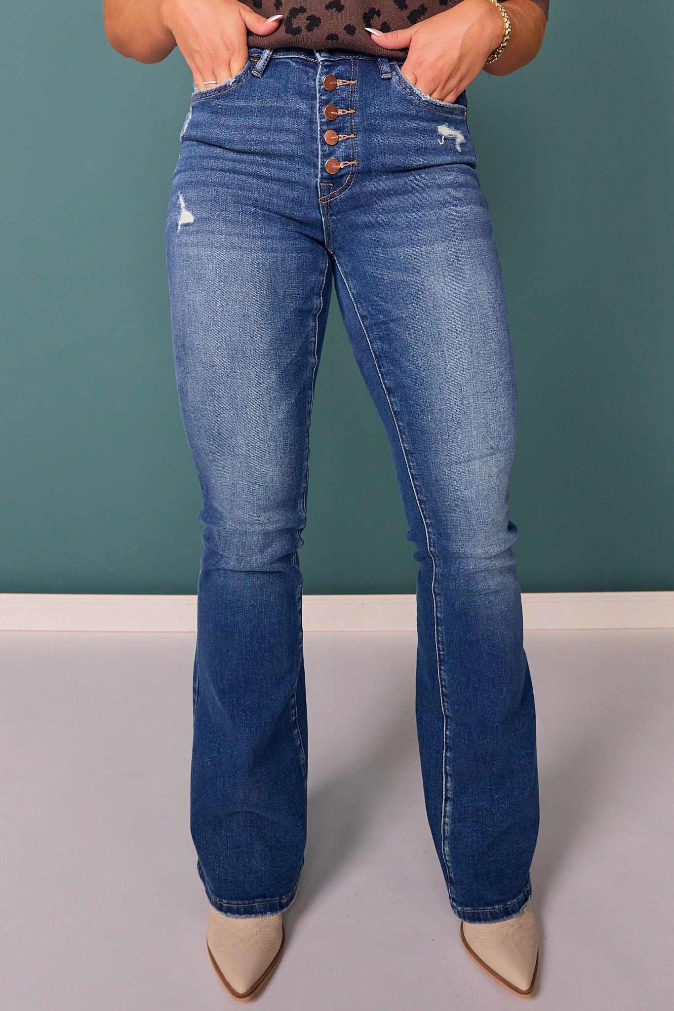 Mica High Rise Button Up Flare Jeans