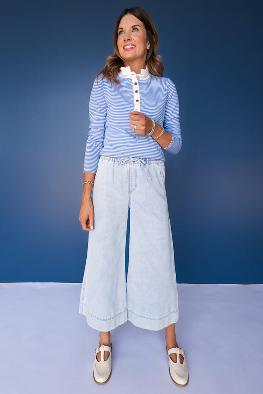 Mica Light Blue High Rise Wide Leg Capri Tie Waist Jeans