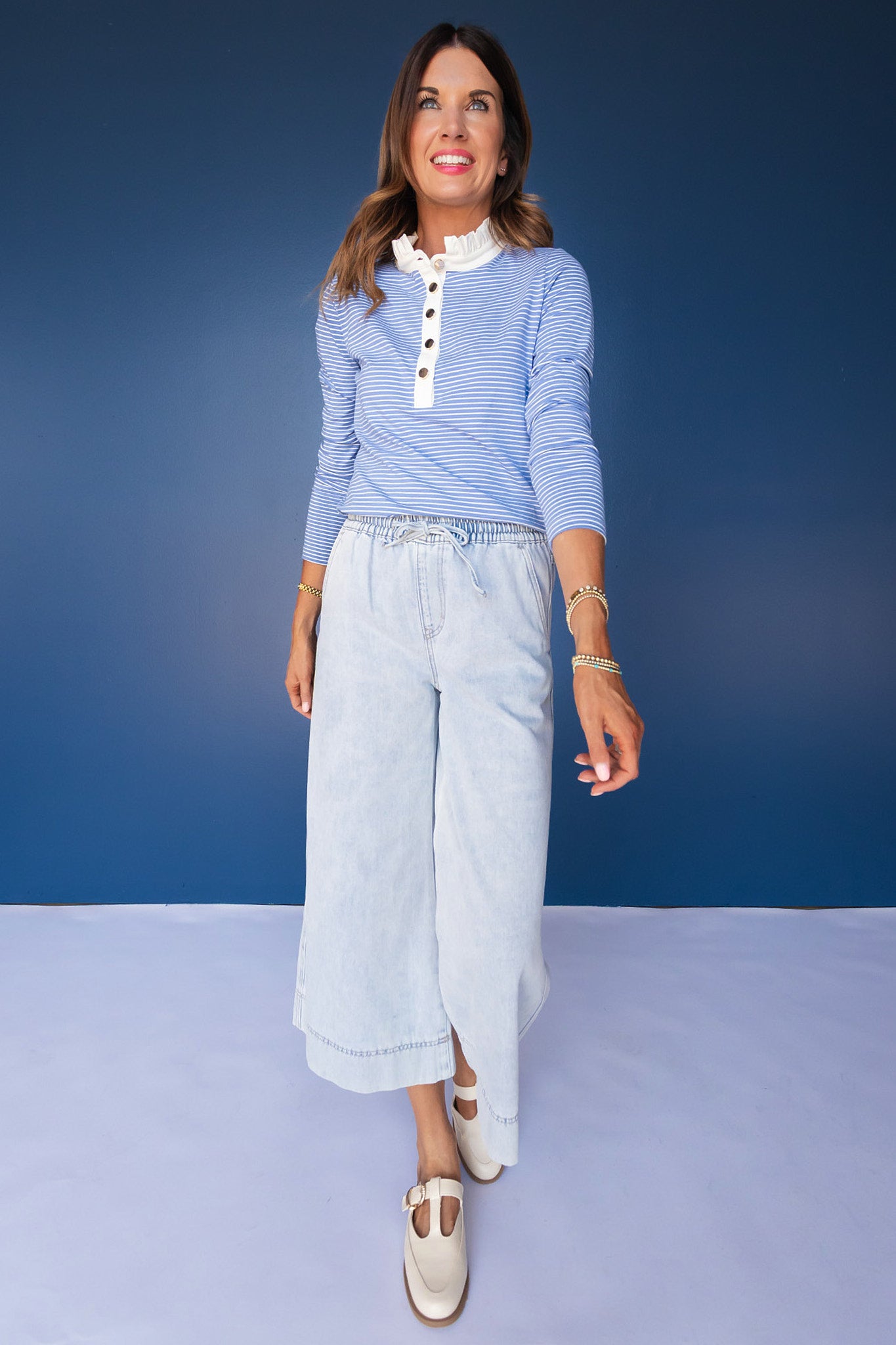Mica Light Blue High Rise Wide Leg Capri Tie Waist Jeans
