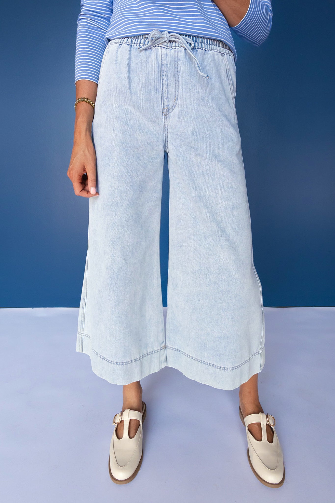 Mica Light Blue High Rise Wide Leg Capri Tie Waist Jeans