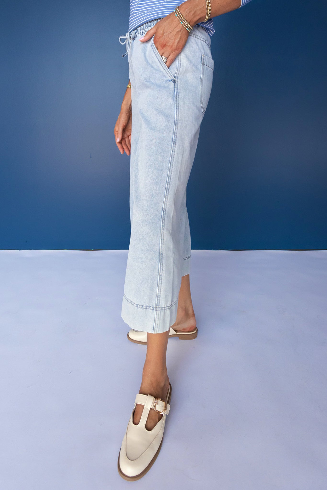 Mica Light Blue High Rise Wide Leg Capri Tie Waist Jeans