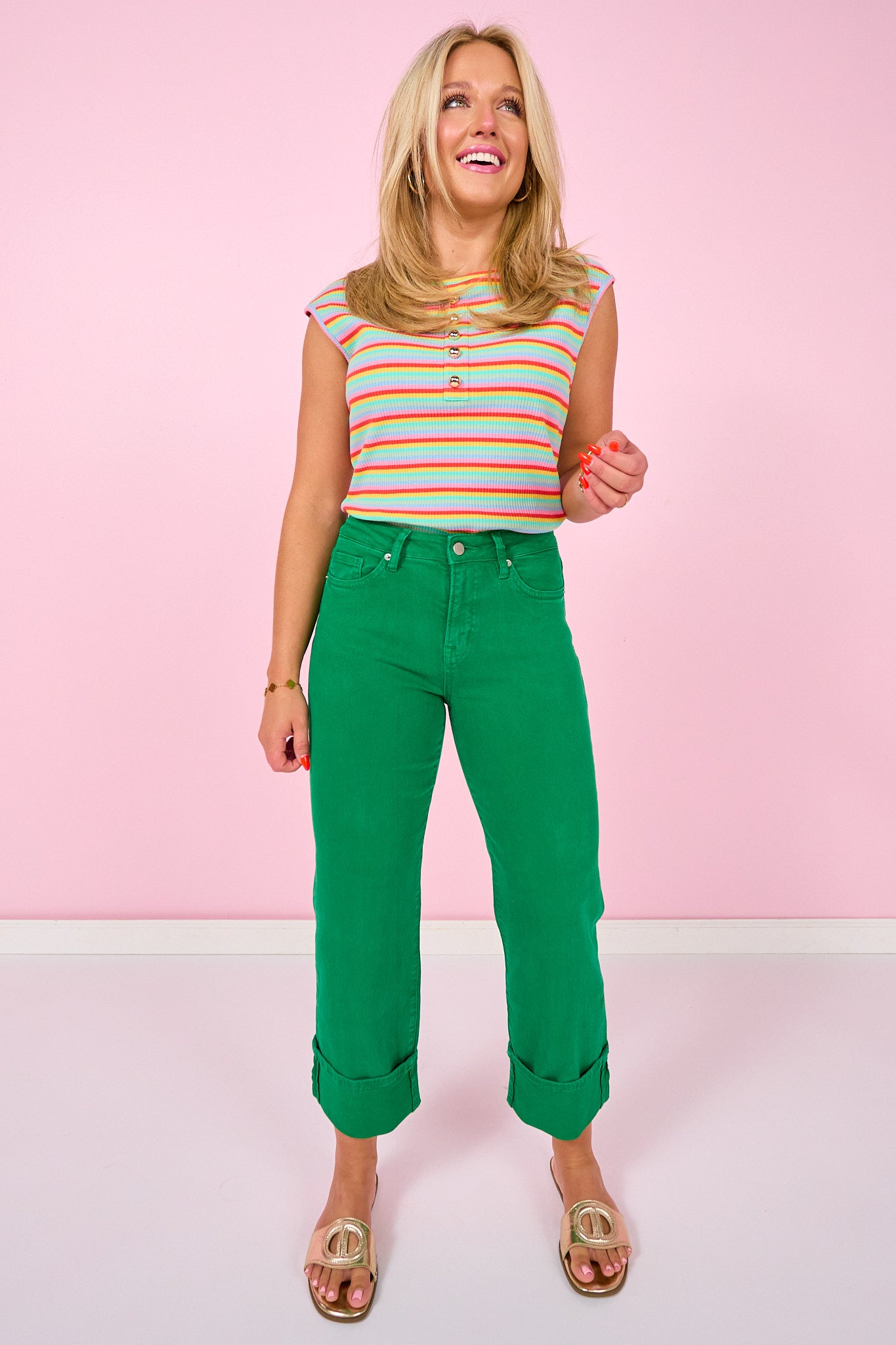 Mica Green Cuffed High Rise Wide Leg Jeans