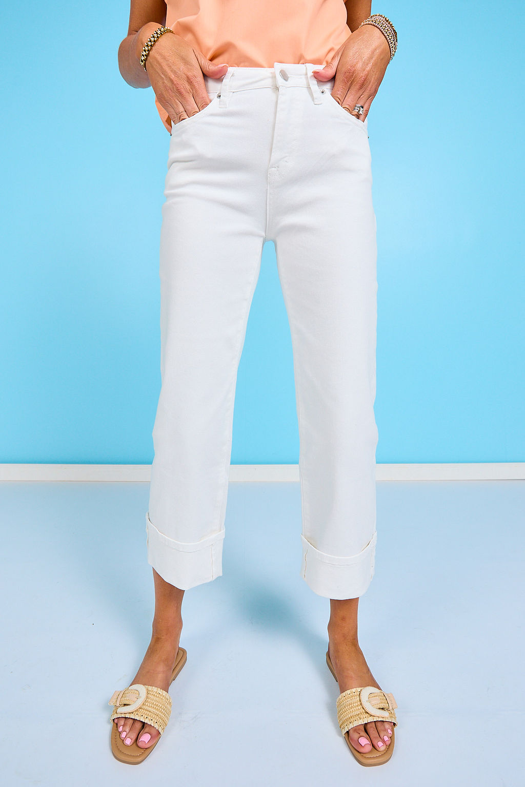 Mica White High Rise Wide Leg Cuffed Crop Jeans