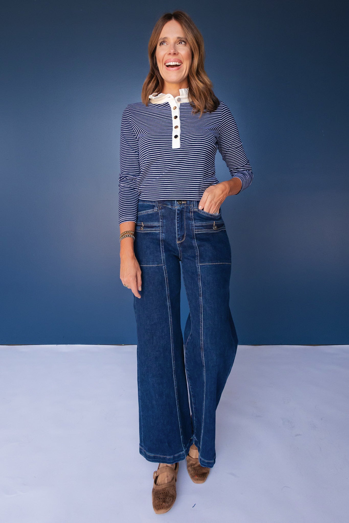 Mica High Rise Front Pocket Seam Detail Wide Leg Jeans
