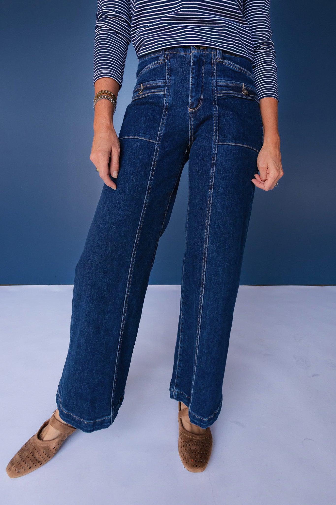 Mica High Rise Front Pocket Seam Detail Wide Leg Jeans