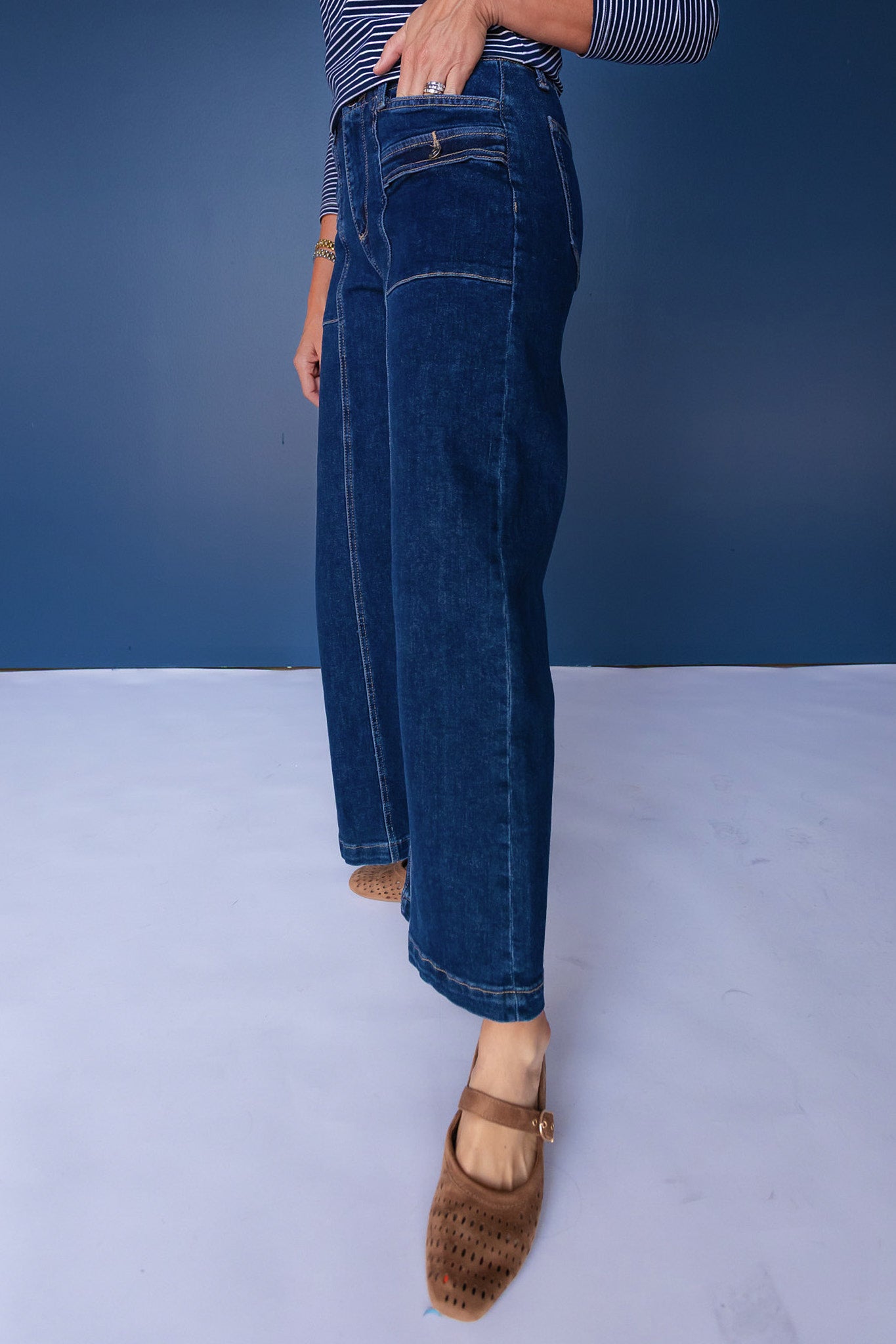 Mica High Rise Front Pocket Seam Detail Wide Leg Jeans