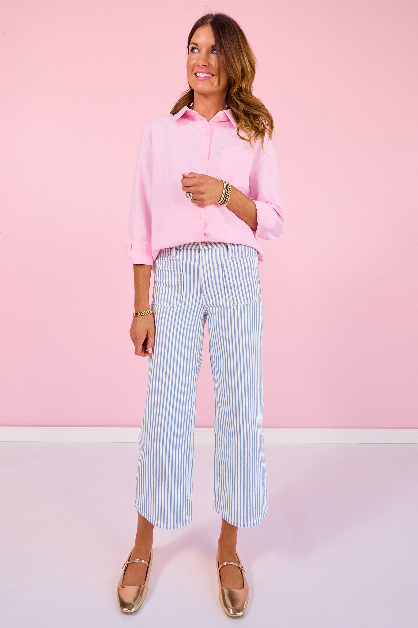 Mica Blue Striped High Rise Wide Leg Cropped Jeans