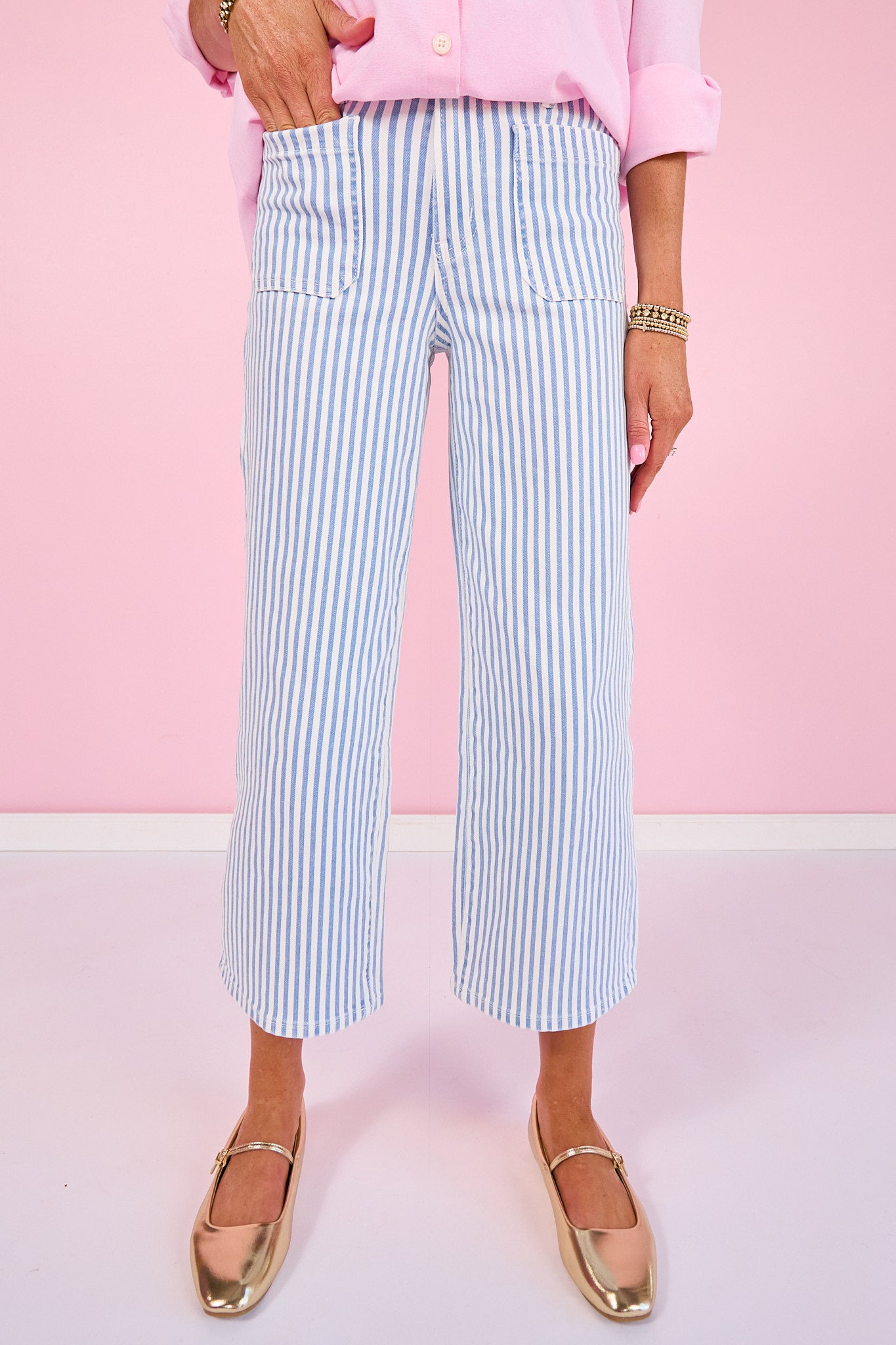 Mica Blue Striped High Rise Wide Leg Cropped Jeans