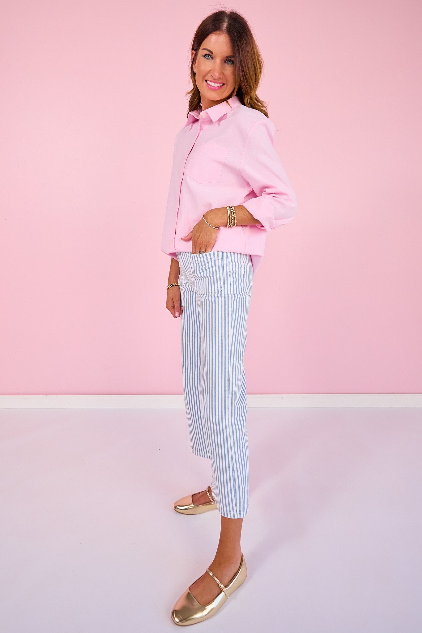 Mica Blue Striped High Rise Wide Leg Cropped Jeans
