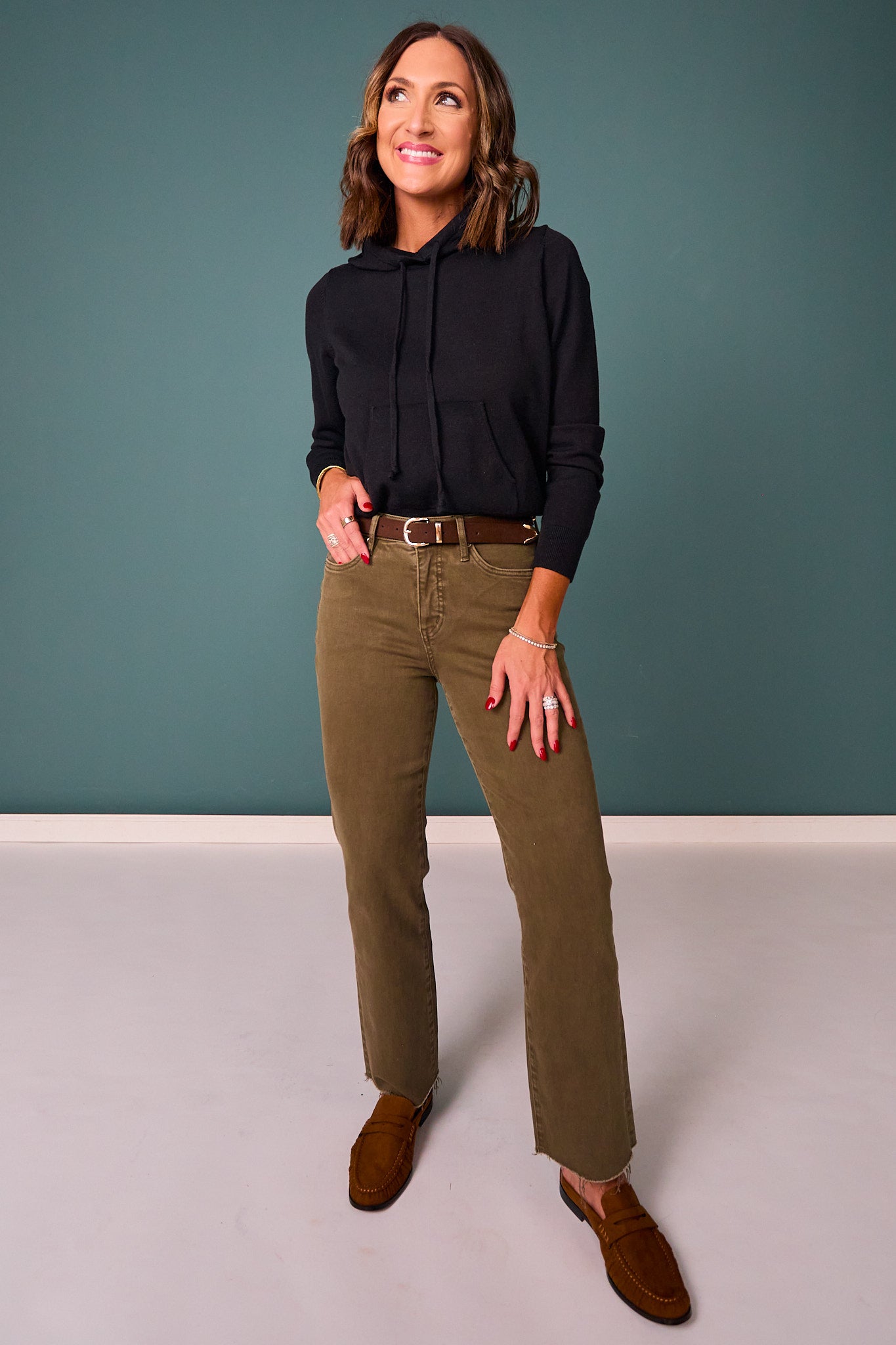 Mica Army Green High Rise Straight Leg Jeans
