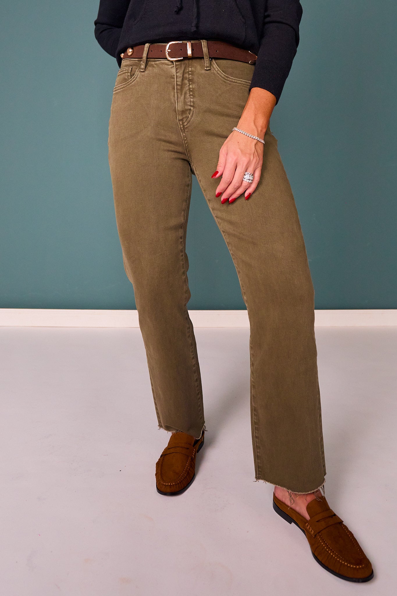 Mica Army Green High Rise Straight Leg Jeans