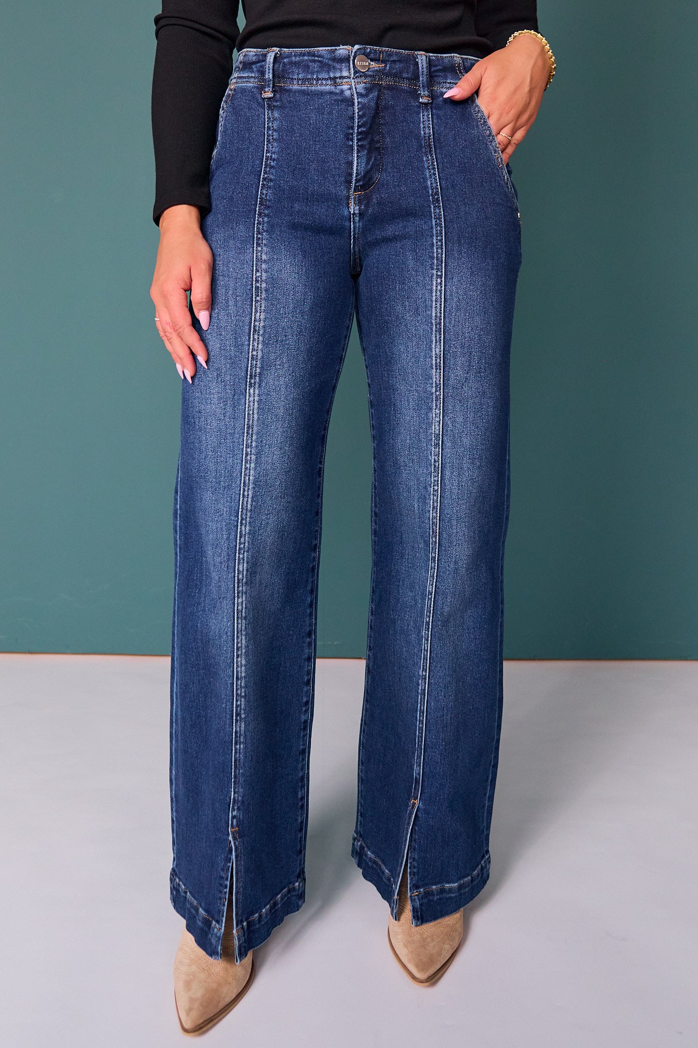 Risen High Rise Wide Leg Front Panel Hem Spilt Jeans