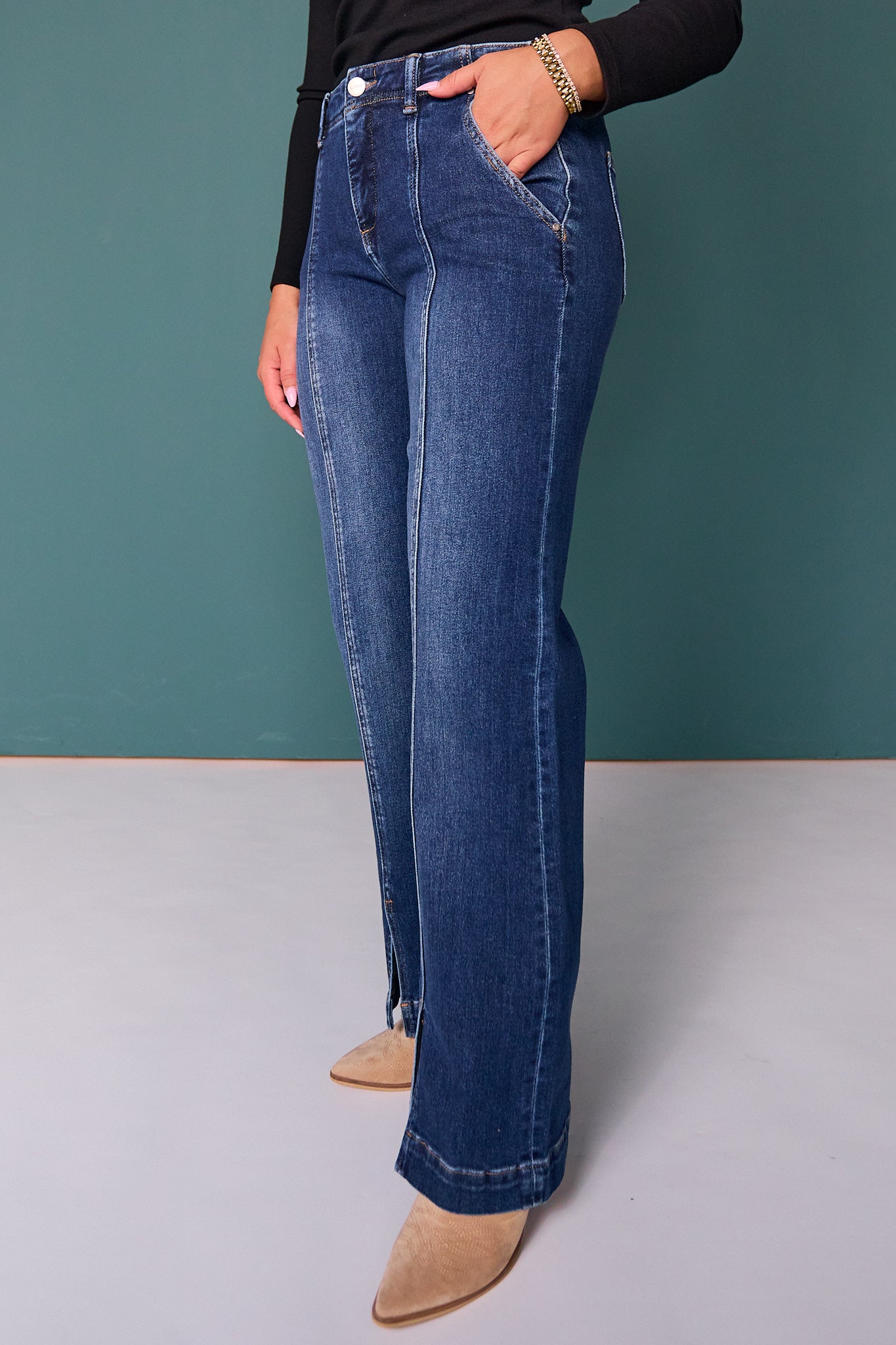 Risen High Rise Wide Leg Front Panel Hem Spilt Jeans